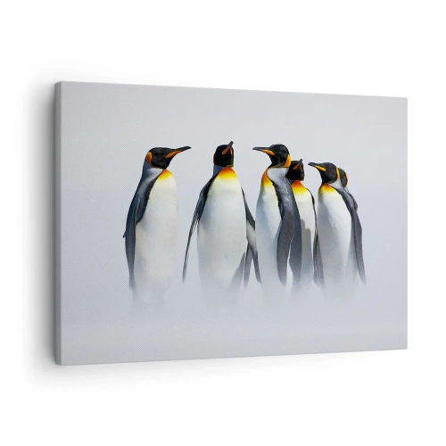 Tablou pe pânză Canvas - Un grup de pinguini imperiali în ceața de iarnă - 70x50cm - Întâlnire în rochie de seară - Decorațiune modernă pentru perete pentru living și dormitor ARTTOR