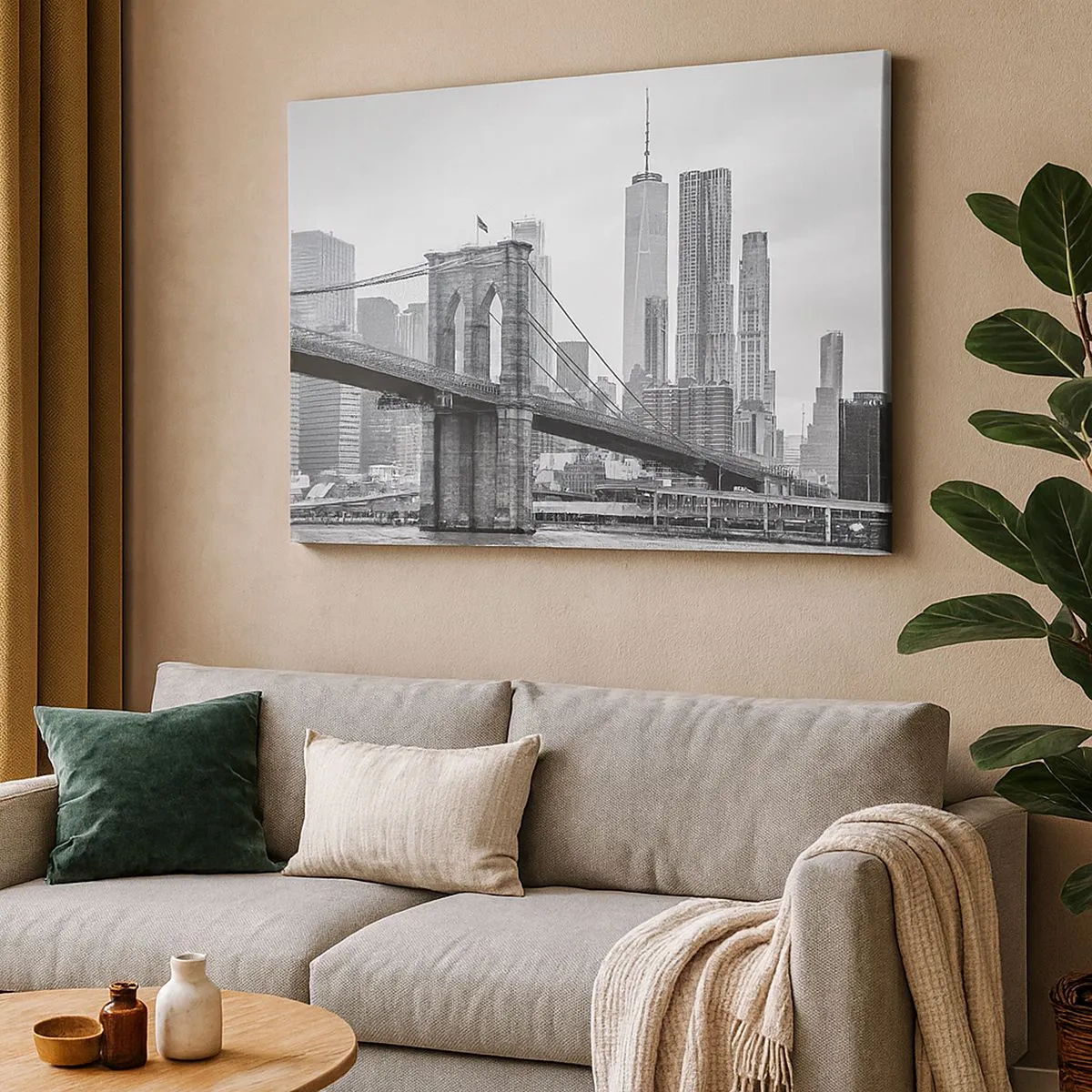 Tablou pe pânză Canvas - Podul Brooklyn cu zgârie-norii din New York în fundal - 70x50cm - New York vibes - Decorațiune modernă pentru perete pentru living și dormitor ARTTOR