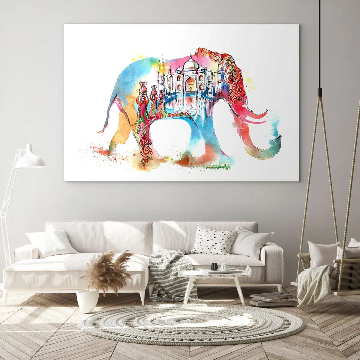 Tablou pe sticlă - Pictură în acuarelă colorată a unui elefant cu motiv indian - 70x50cm - India - aura iubirii - Decorațiune modernă pentru perete pentru living și dormitor ARTTOR