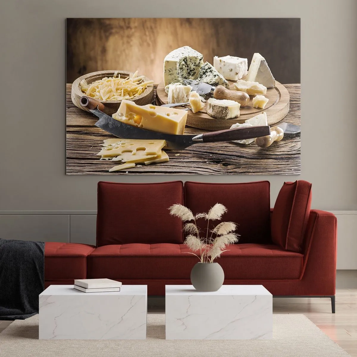 Tablou pe sticlă - Platou de brânzeturi cu cuțit pe masă rustică - 70x50cm - Zâmbește - Decorațiune modernă pentru perete pentru living și dormitor ARTTOR