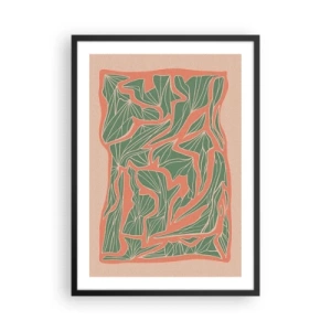 Poster în ramă neagră - Model abstract de frunze în nuanțe de verde și teracotă - 50x70cm - Lupta dintre coral și verde - Decorațiune modernă pentru perete pentru living și dormitor ARTTOR