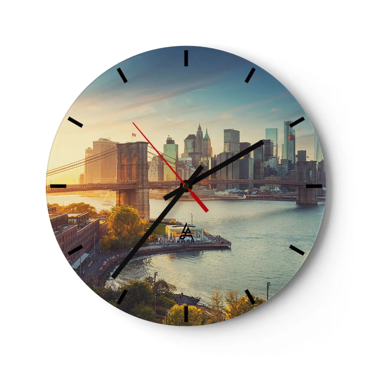 Ceas de perete - Ceas pe sticlă - Vedere a podului Brooklyn și a orizontului orașului la apus - 30x30cm - Zorii metropolitani - Decorațiune modernă pentru perete pentru living, bucătărie și dormitor ARTTOR