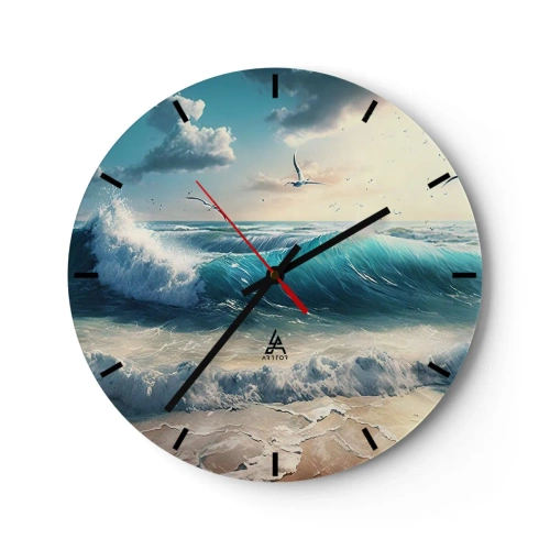 Ceas de perete - Ceas pe sticlă - Valuri oceanice agitate care se izbesc de țărmul nisipos - 30x30cm - Sunetul valurilor doar pentru tine - Decorațiune modernă pentru perete pentru living, bucătărie și dormitor ARTTOR