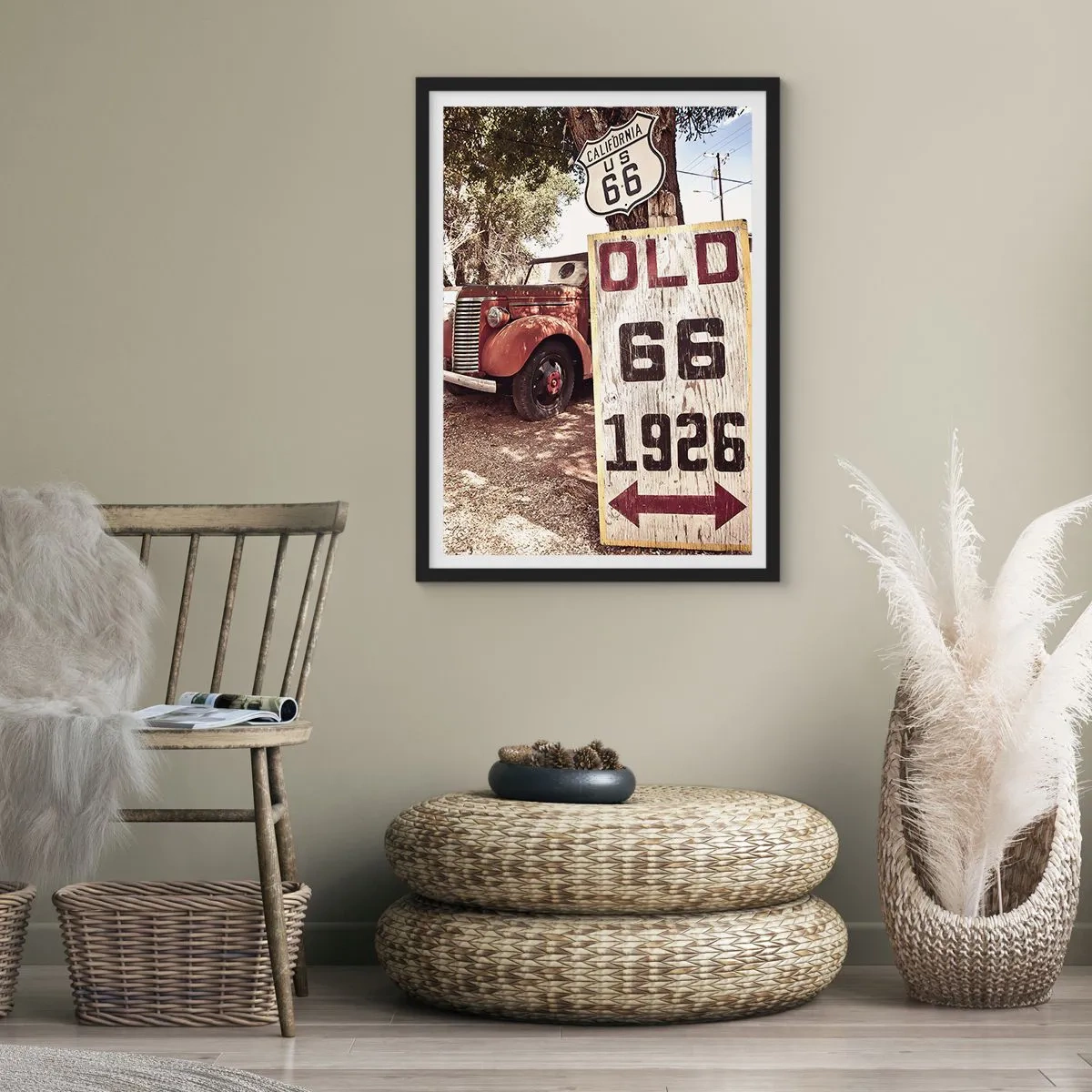 Poster în ramă neagră - Oldtimer la indicatorul Route 66 - 50x70cm - O legendă provincială americană - Decorațiune modernă pentru perete pentru living și dormitor ARTTOR