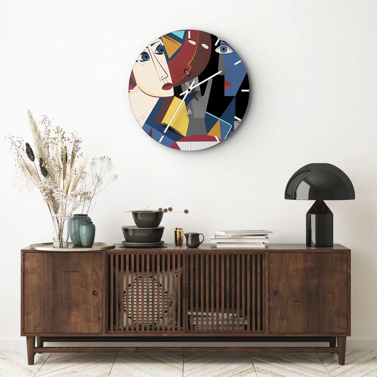 Ceas de perete - Ceas pe sticlă - Fețe cubiste în culori vibrante într-o compoziție geometrică - 30x30cm - Discuția cubiștilor - Decorațiune modernă pentru perete pentru living, bucătărie și dormitor ARTTOR
