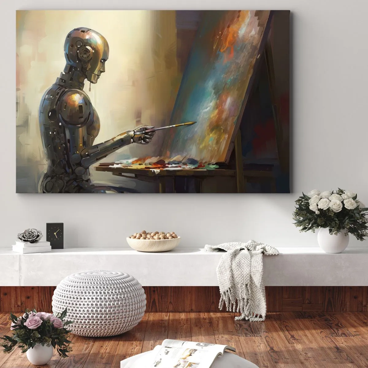 Tablou pe pânză Canvas - Un robot pictând pe o pânză într-un stil artistic - 70x50cm - Arta viitorului - Decorațiune modernă pentru perete pentru living și dormitor ARTTOR