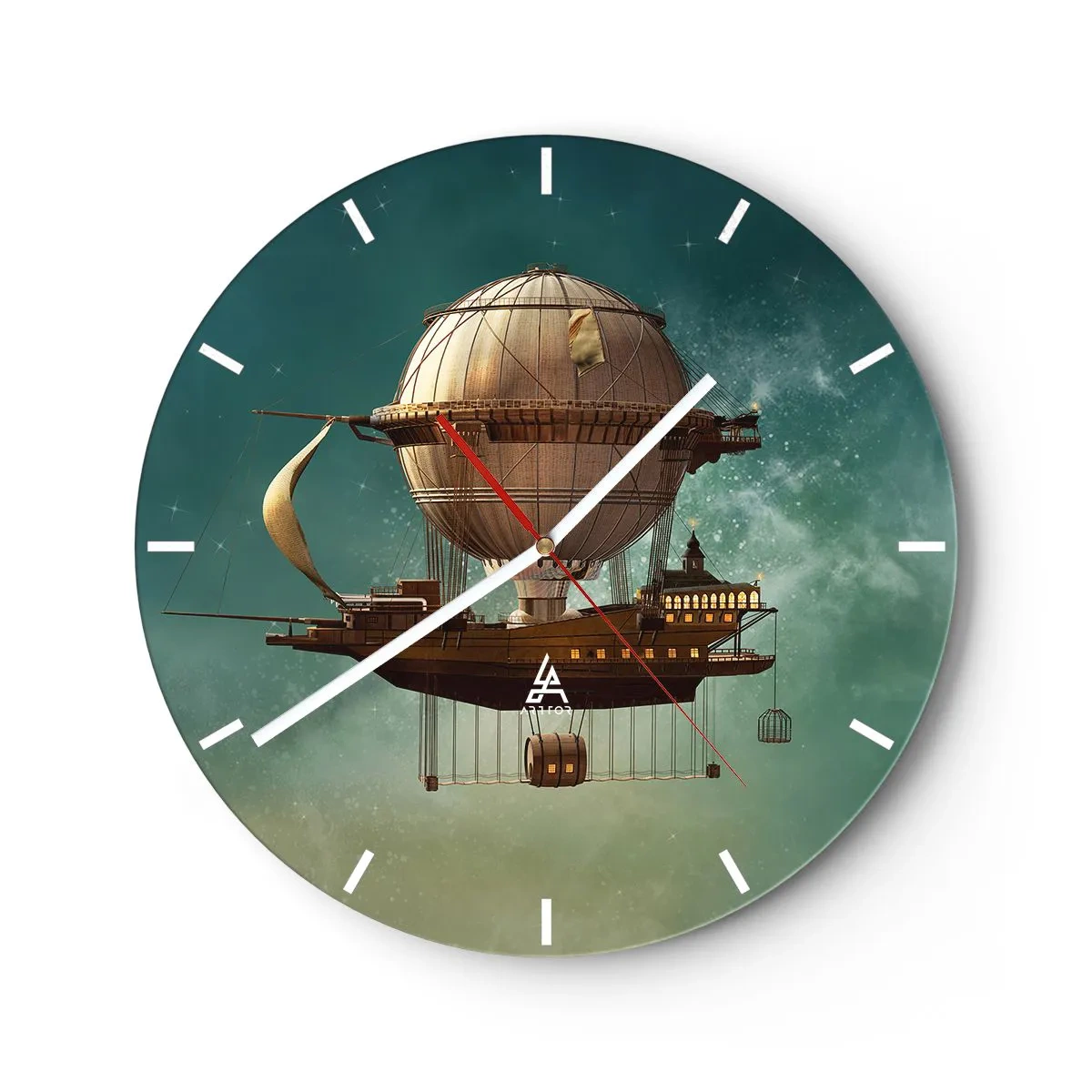 Ceas de perete - Ceas pe sticlă - Un dirijabil retro fantastic plutind printre nori - 30x30cm - Jules Verne vă transmite salutări - Decorațiune modernă pentru perete pentru living, bucătărie și dormitor ARTTOR