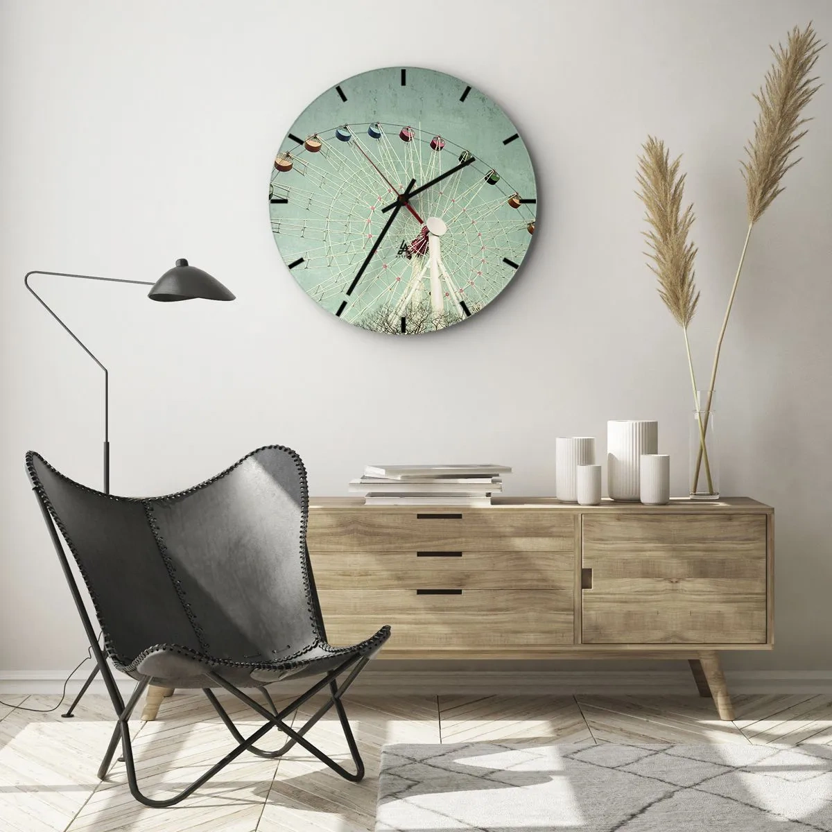 Ceas de perete - Ceas pe sticlă - O roată Ferris colorată pe un fundal turcoaz - 30x30cm - Poftim la joacă - Decorațiune modernă pentru perete pentru living, bucătărie și dormitor ARTTOR