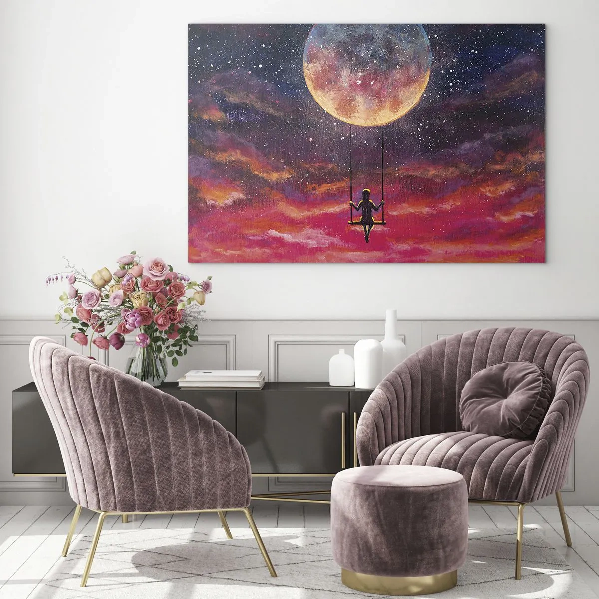 Tablou pe sticlă - O fată pe un leagăn suspendat sub lună - 70x50cm - Cu capul în nori - Decorațiune modernă pentru perete pentru living și dormitor ARTTOR