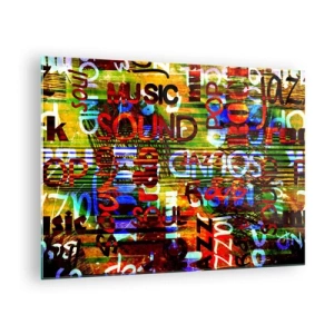 Tablou pe sticlă - Inscripții colorate pe un fundal artistic de mozaic - 70x50cm - Toate culorile sunetului - Decorațiune modernă pentru perete pentru living și dormitor ARTTOR