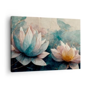 Tablou pe pânză Canvas - Nuferi subtili în nuanțe pastelate de albastru și auriu - 70x50cm - Stele de lac - Decorațiune modernă pentru perete pentru living și dormitor ARTTOR