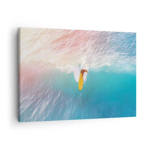Tablou pe pânză Canvas - Surfer pe un val în culori pastelate - 70x50cm - Călărețul oceanului - Decorațiune modernă pentru perete pentru living și dormitor ARTTOR