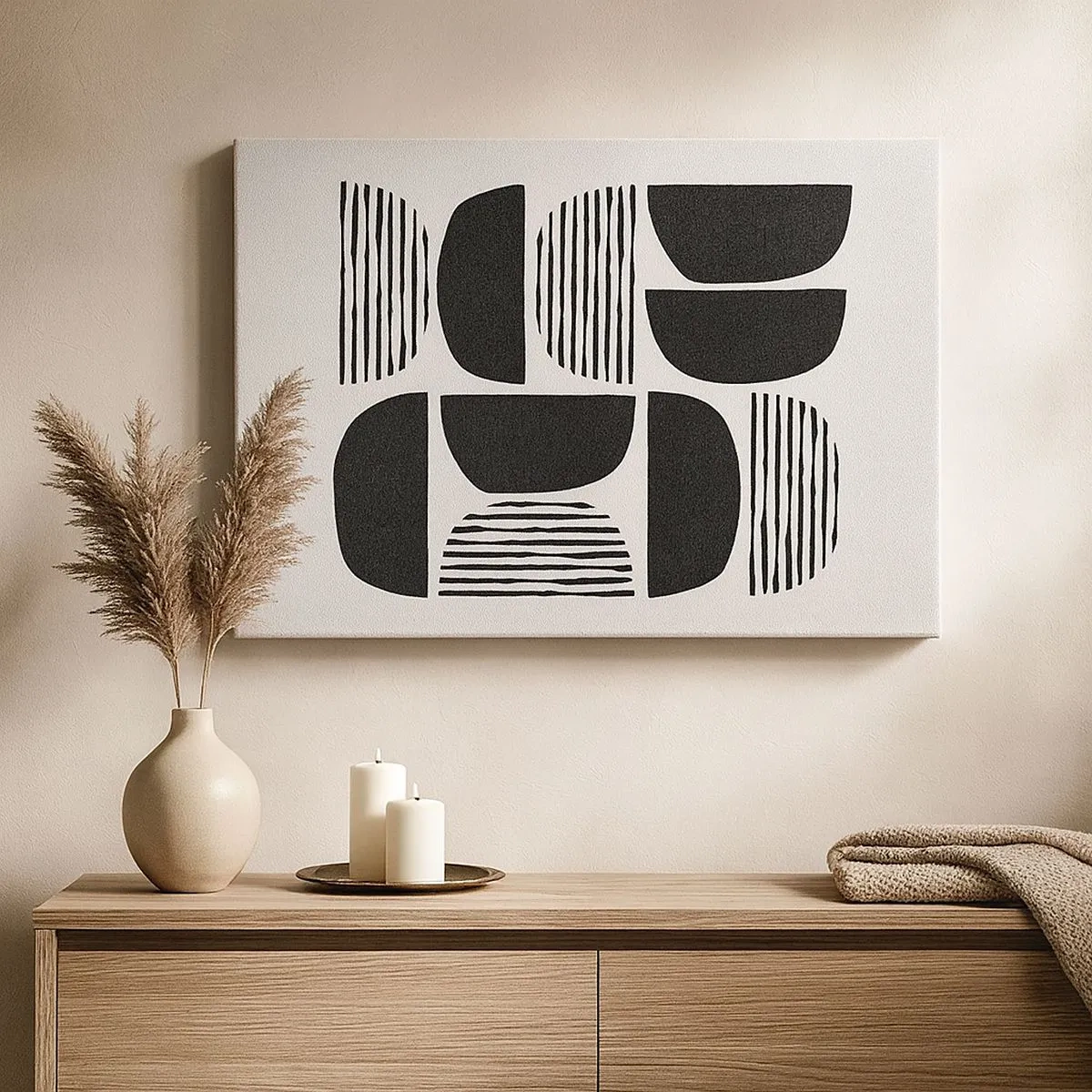 Tablou pe pânză Canvas - Geometrie cu semicercuri și linii negre pe fundal deschis - 70x50cm - Jumătăți necomplete - Decorațiune modernă pentru perete pentru living și dormitor ARTTOR