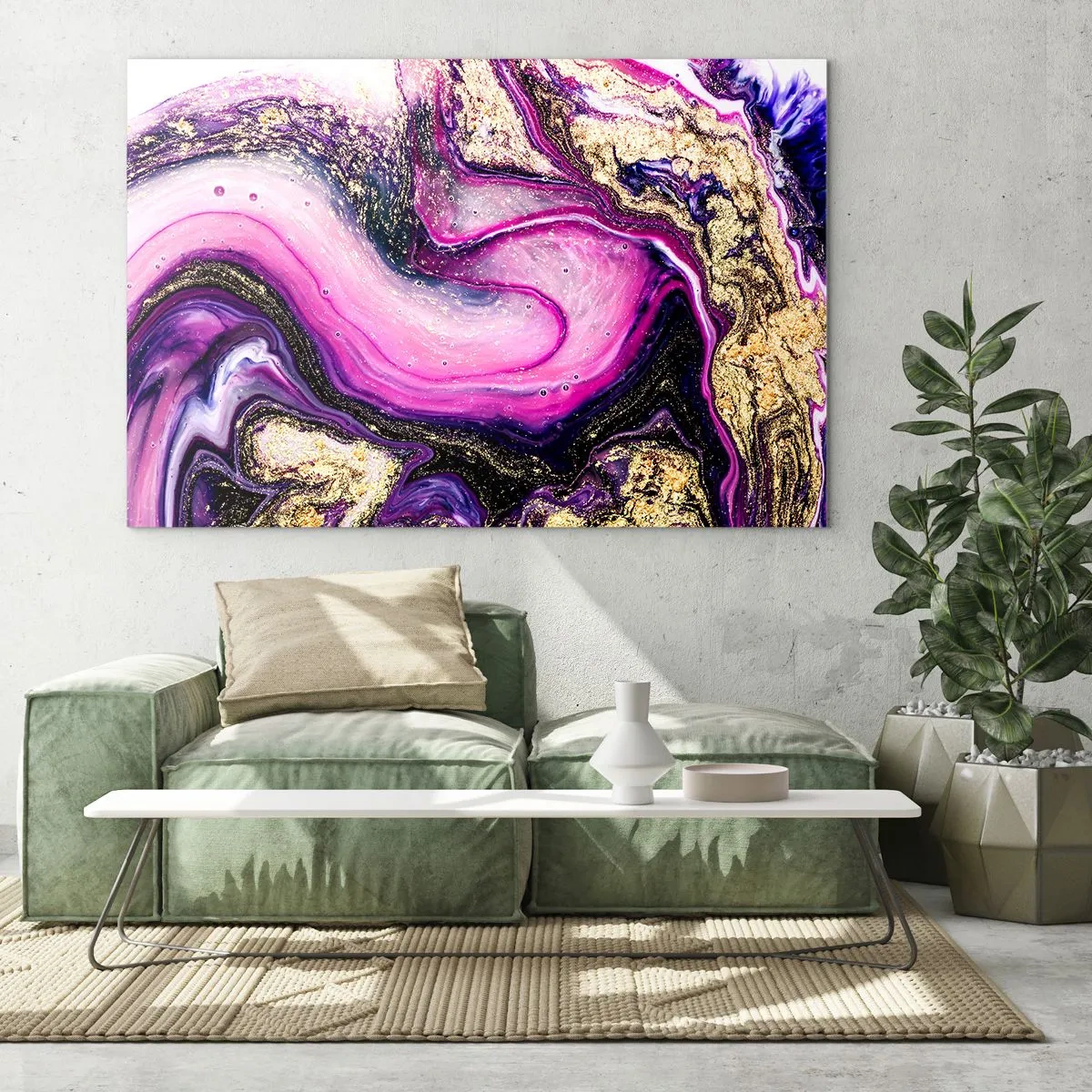 Tablou pe sticlă - O compoziție abstractă în nuanțe de violet și auriu. - 70x50cm - Un moment în culise - Decorațiune modernă pentru perete pentru living și dormitor ARTTOR