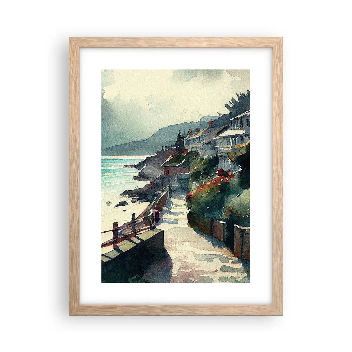 Poster în ramă de stejar deschis - Orășel mediteraneean - 30x40 cm