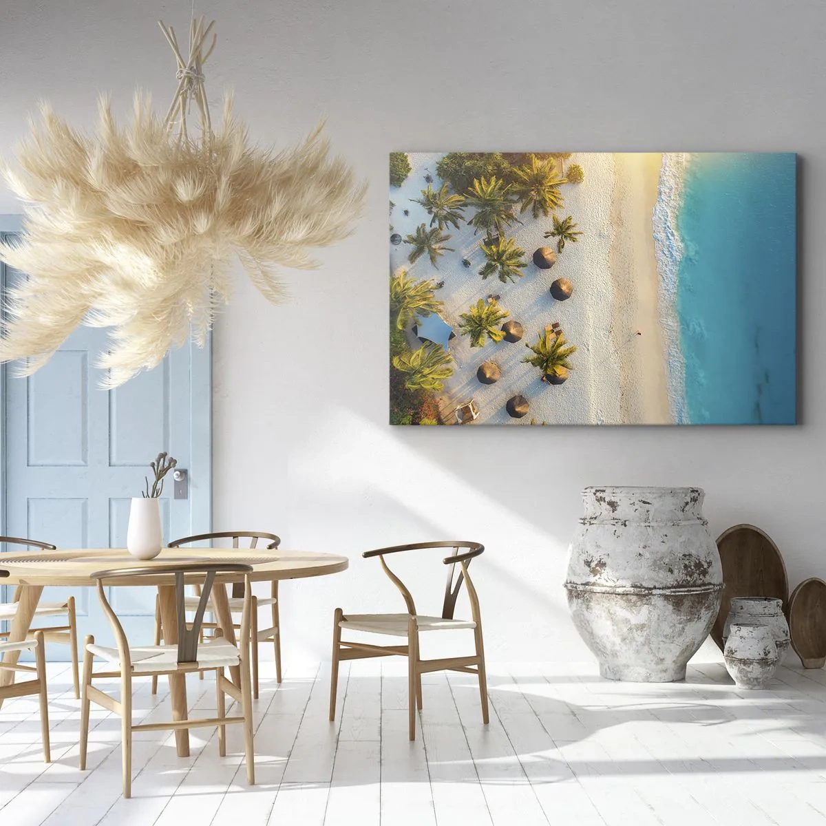 Tablou pe pânză Canvas - Vedere a unei plaje tropicale cu palmieri și o mare turcoaz - 70x50cm - Bun venit în paradis - Decorațiune modernă pentru perete pentru living și dormitor ARTTOR