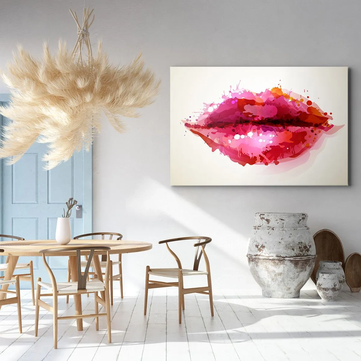 Tablou pe pânză Canvas - Motiv abstract al buzelor în nuanțe de roz și roșu - 70x50cm - O nuanță mai roșie de roșu - Decorațiune modernă pentru perete pentru living și dormitor ARTTOR