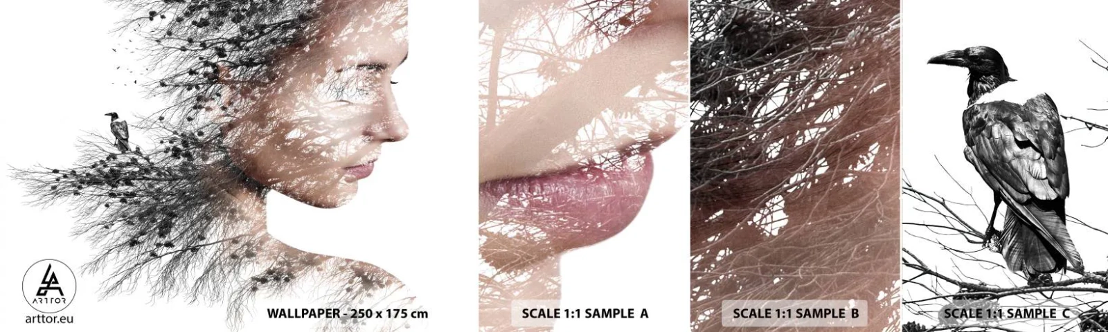 Mostră tapet autocolant Deluxe Sticker - Spiritul pădurii - Abstracția, Chipul de femeie, Copac - 100x30 cm