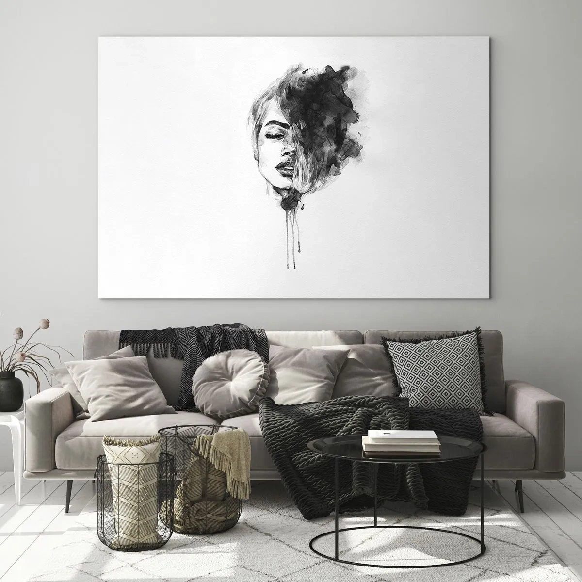 Tablou pe sticlă - Portret alb-negru al unei femei cu o umbră abstractă - 70x50cm - La ce visează frumoasa - Decorațiune modernă pentru perete pentru living și dormitor ARTTOR