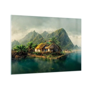 Tablou pe sticlă - Un sat tropical lângă apă, înconjurat de munți și palmieri - 70x50cm - Paradisul tropical - Decorațiune modernă pentru perete pentru living și dormitor ARTTOR