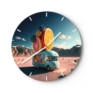 Ceas de perete - Ceas pe sticlă - O rulotă cu mâncare turcoaz cu fructe și un fundal deșertic - 30x30cm - Gustul vacanței - Decorațiune modernă pentru perete pentru living, bucătărie și dormitor ARTTOR
