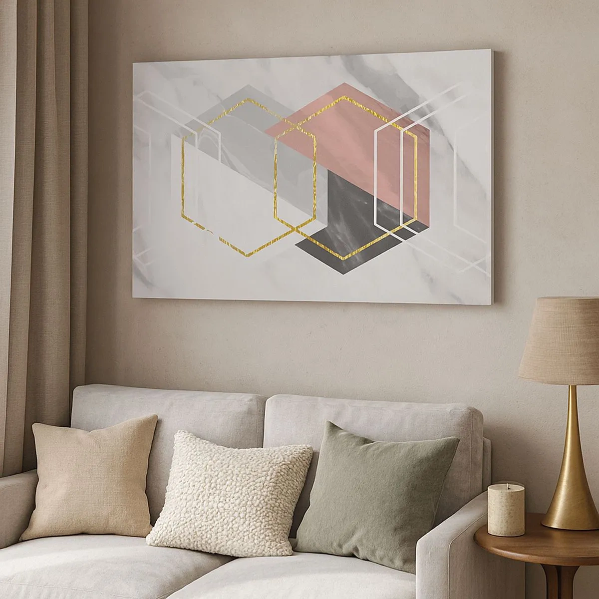 Tablou pe pânză Canvas - Figuri geometrice cu accente de aur și marmură - 70x50cm - Compoziția lanțului - Decorațiune modernă pentru perete pentru living și dormitor ARTTOR