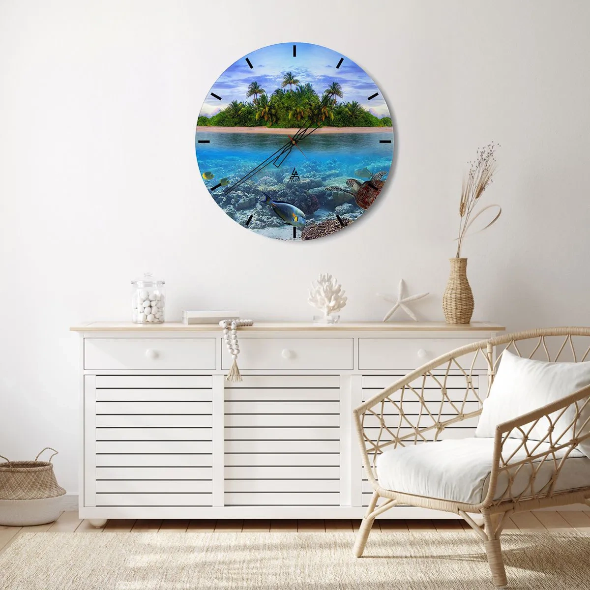 Ceas de perete - Ceas pe sticlă - Insula paradisiacă vă invită - 30x30 cm