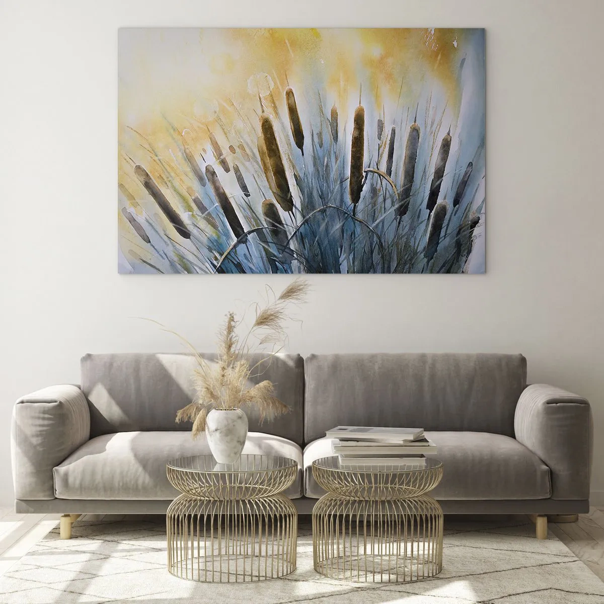 Tablou pe sticlă - Papura pictată pe un cer însorit - 70x50cm - Răcoarea apei, căldura soarelui - Decorațiune modernă pentru perete pentru living și dormitor ARTTOR