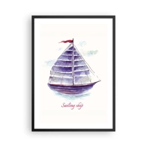 Poster în ramă neagră - Ilustrație în acuarelă a unei nave cu pânze pe ape calme - 50x70cm - Pânze pline și apă calmă - Decorațiune modernă pentru perete pentru living și dormitor ARTTOR