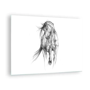 Tablou pe sticlă - O schiță a unui cal în galop într-un stil minimalist - 70x50cm - Într-un trap grațios - Decorațiune modernă pentru perete pentru living și dormitor ARTTOR