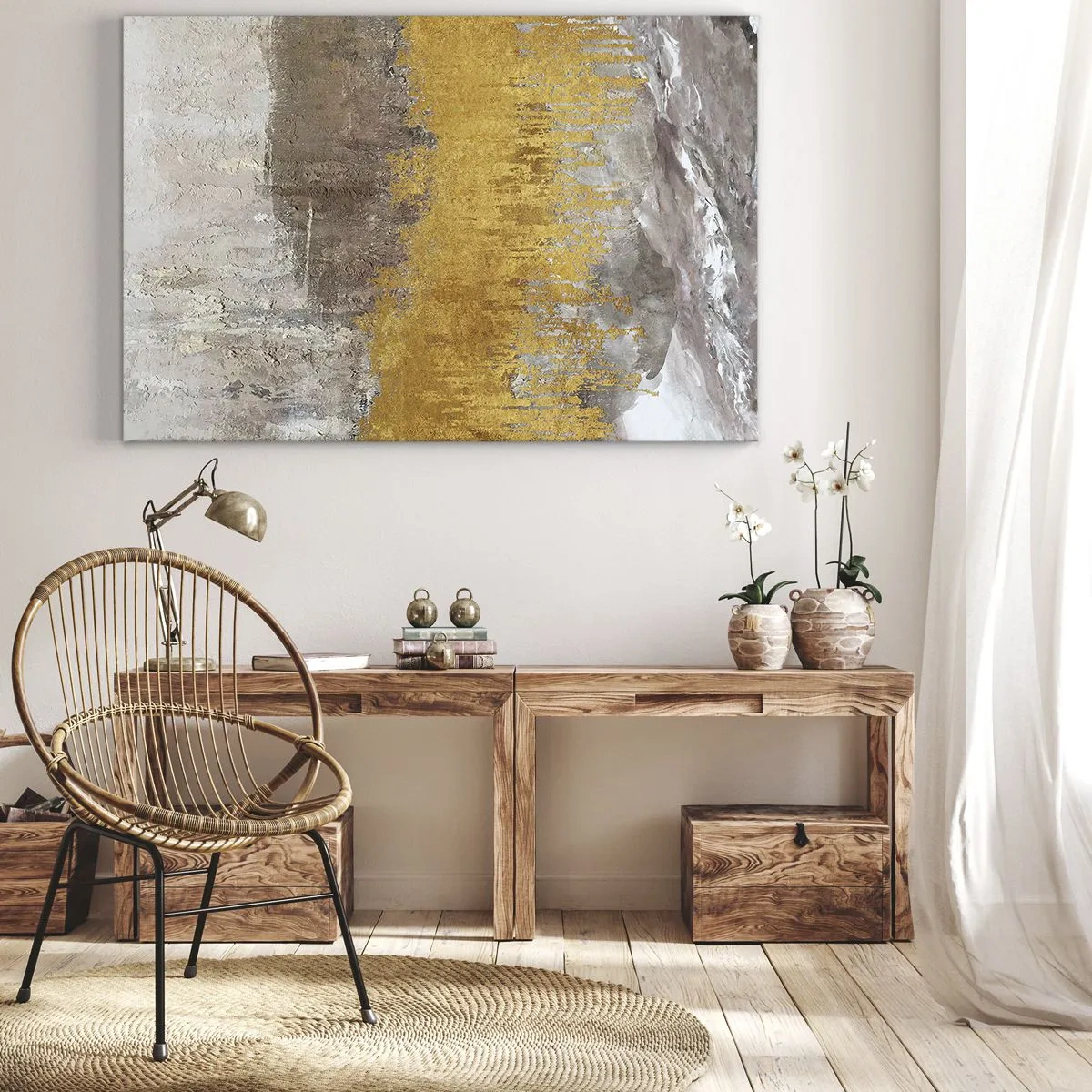 Tablou pe pânză Canvas - Model abstract auriu și bej - 70x50cm - O suflare de aur - Decorațiune modernă pentru perete pentru living și dormitor ARTTOR