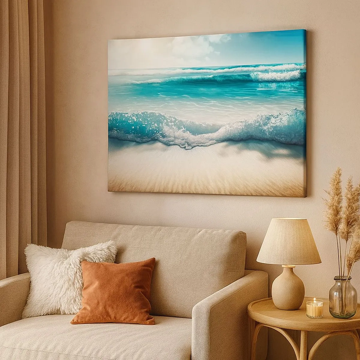 Tablou pe pânză Canvas - Valuri oceanice pe o plajă cu nisip deschis la culoare - 70x50cm - Calmul oceanului - Decorațiune modernă pentru perete pentru living și dormitor ARTTOR