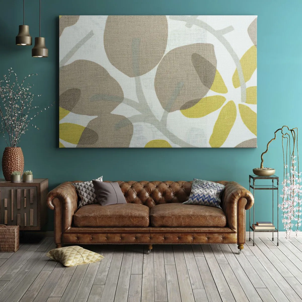 Tablou pe pânză Canvas - Frunze abstracte în nuanțe de bej și galben - 70x50cm - Compoziție în plin soare - Decorațiune modernă pentru perete pentru living și dormitor ARTTOR