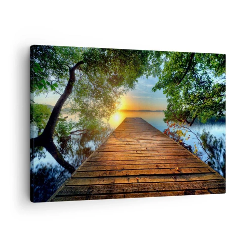 Tablou pe pânză Canvas - Un dig de lemn înconjurat de verdeață la apus - 70x50cm - Nu te grăbi, stai jos - Decorațiune modernă pentru perete pentru living și dormitor ARTTOR