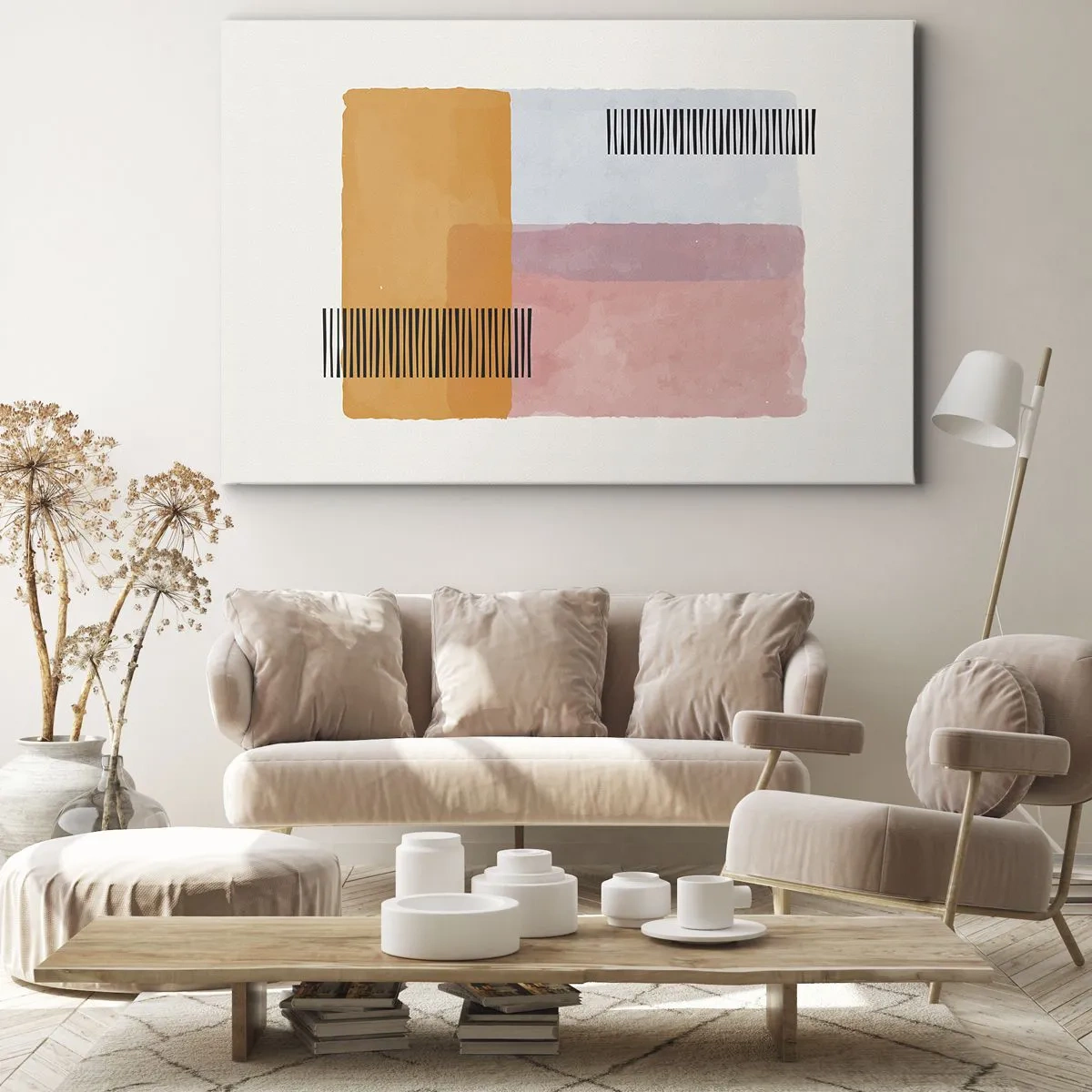 Tablou pe pânză Canvas - Geometrie în culori pastelate cu linii pe un fundal deschis - 70x50cm - Din colț în colț - Decorațiune modernă pentru perete pentru living și dormitor ARTTOR
