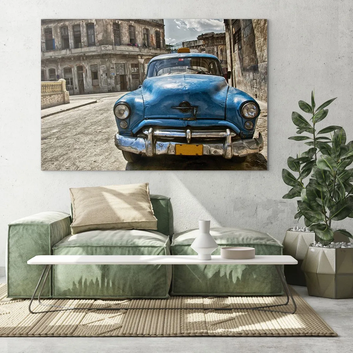 Tablou pe sticlă - Mașină clasică cubaneză pe străzile din Havana - 70x50cm - Vechiul este frumos - Decorațiune modernă pentru perete pentru living și dormitor ARTTOR