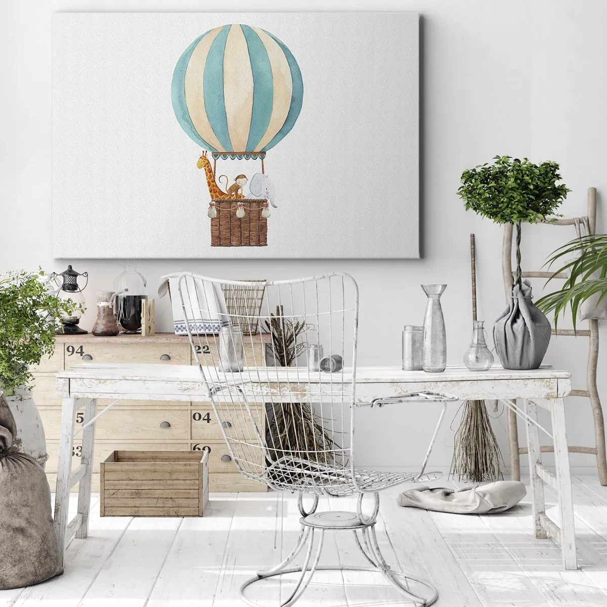 Tablou pe pânză Canvas - Un balon cu animale drăguțe în culori pastelate - 70x50cm - O călătorie fantastică - Decorațiune modernă pentru perete pentru living și dormitor ARTTOR