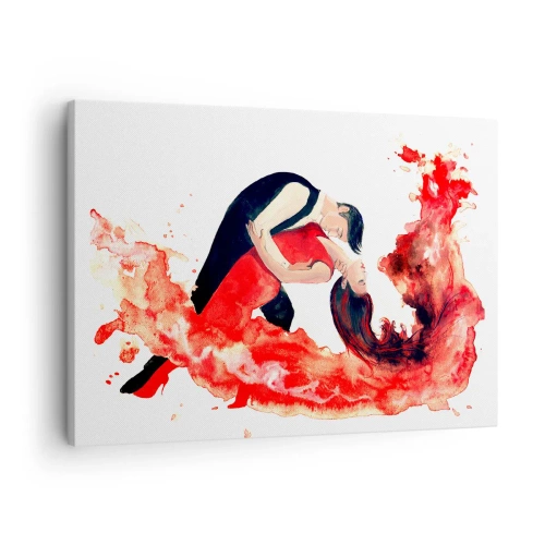 Tablou pe pânză Canvas - O pictură dinamică în acuarelă reprezentând un cuplu dansator în culori roșii. - 70x50cm - Tango - un val senzual - Decorațiune modernă pentru perete pentru living și dormitor ARTTOR