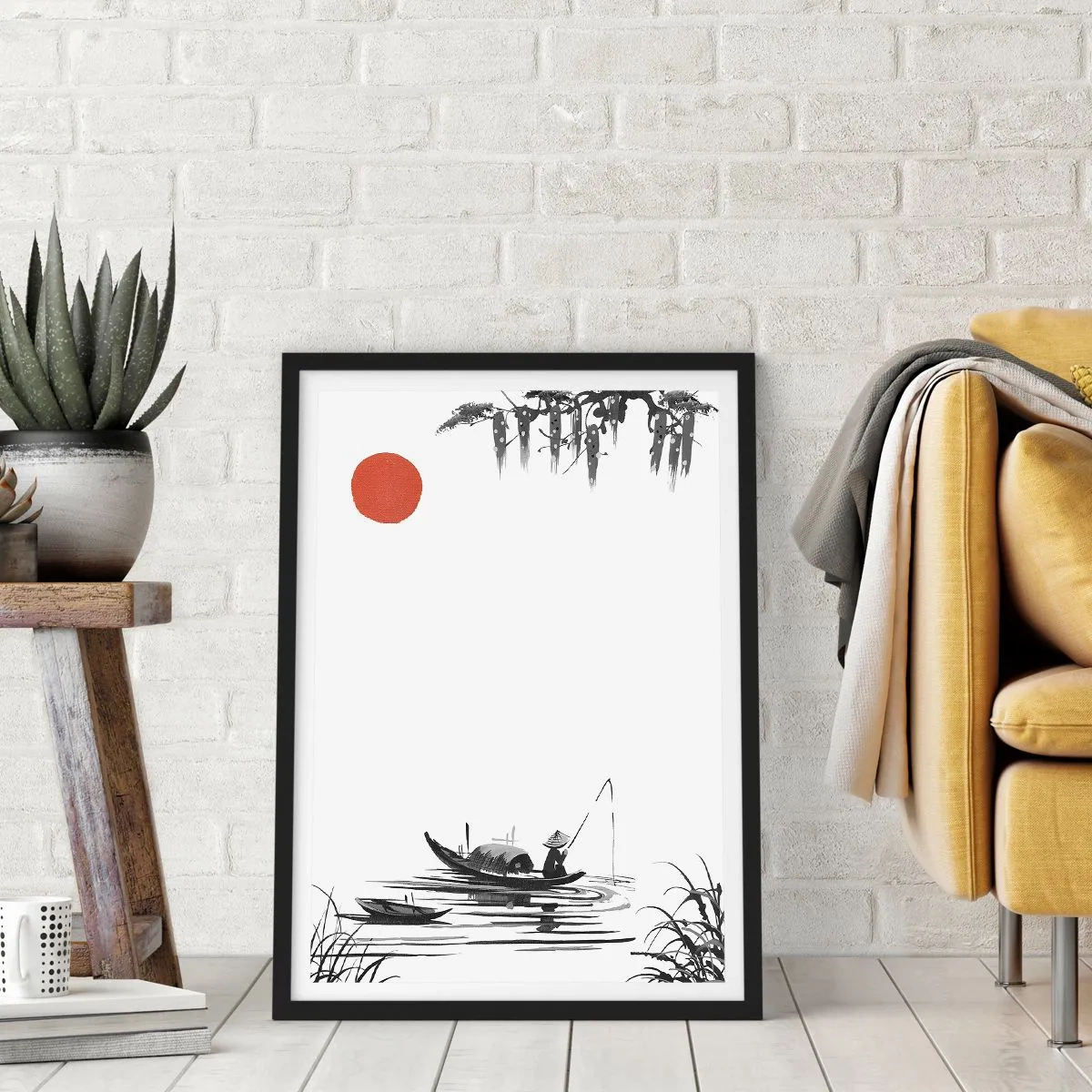 Poster în ramă neagră - O pictură minimalistă a unui pescar într-o barcă cu un soare roșu. - 50x70cm - O după-amiază asiatică - Decorațiune modernă pentru perete pentru living și dormitor ARTTOR
