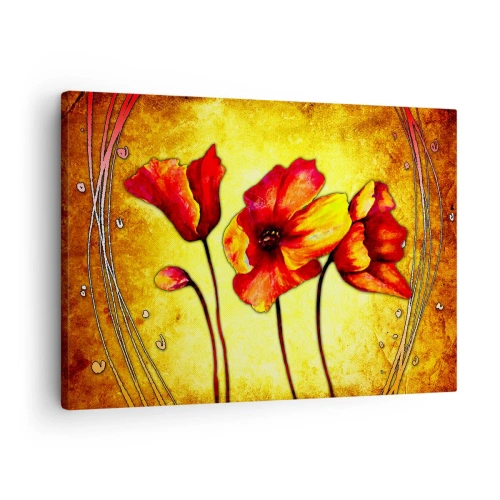 Tablou pe pânză Canvas - Flori roșii și galbene pe un fundal auriu cu modele decorative - 70x50cm - În stilul Art Nouveau - Decorațiune modernă pentru perete pentru living și dormitor ARTTOR