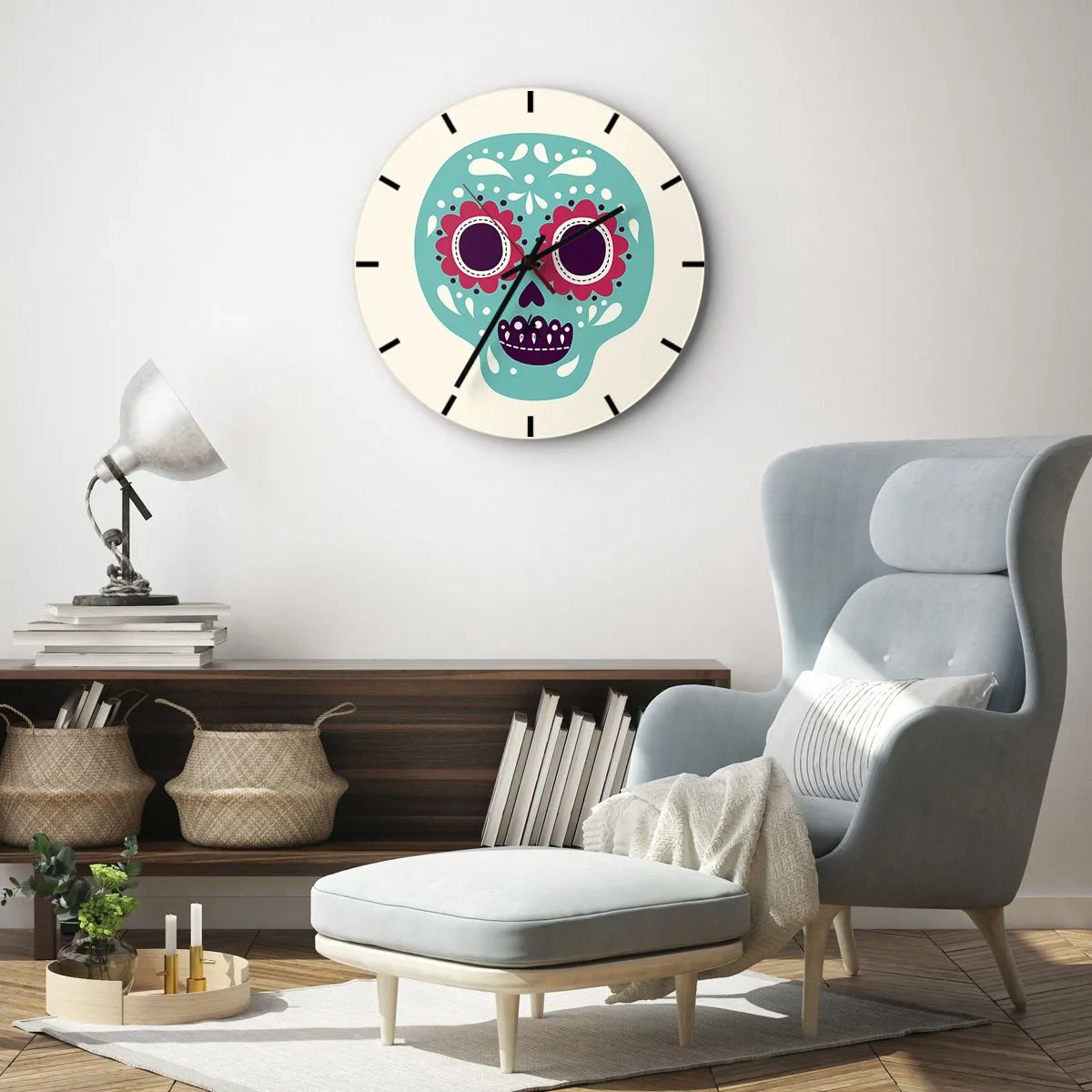 Ceas de perete - Ceas pe sticlă - Craniu colorat în stil mexican pe un fundal deschis - 30x30cm - Viața - distracție până la moarte - Decorațiune modernă pentru perete pentru living, bucătărie și dormitor ARTTOR