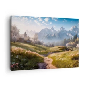 Tablou pe pânză Canvas - O vale de munte cu pajiști, cabane și o priveliște asupra vârfurilor - 70x50cm - Valea idilică - Decorațiune modernă pentru perete pentru living și dormitor ARTTOR