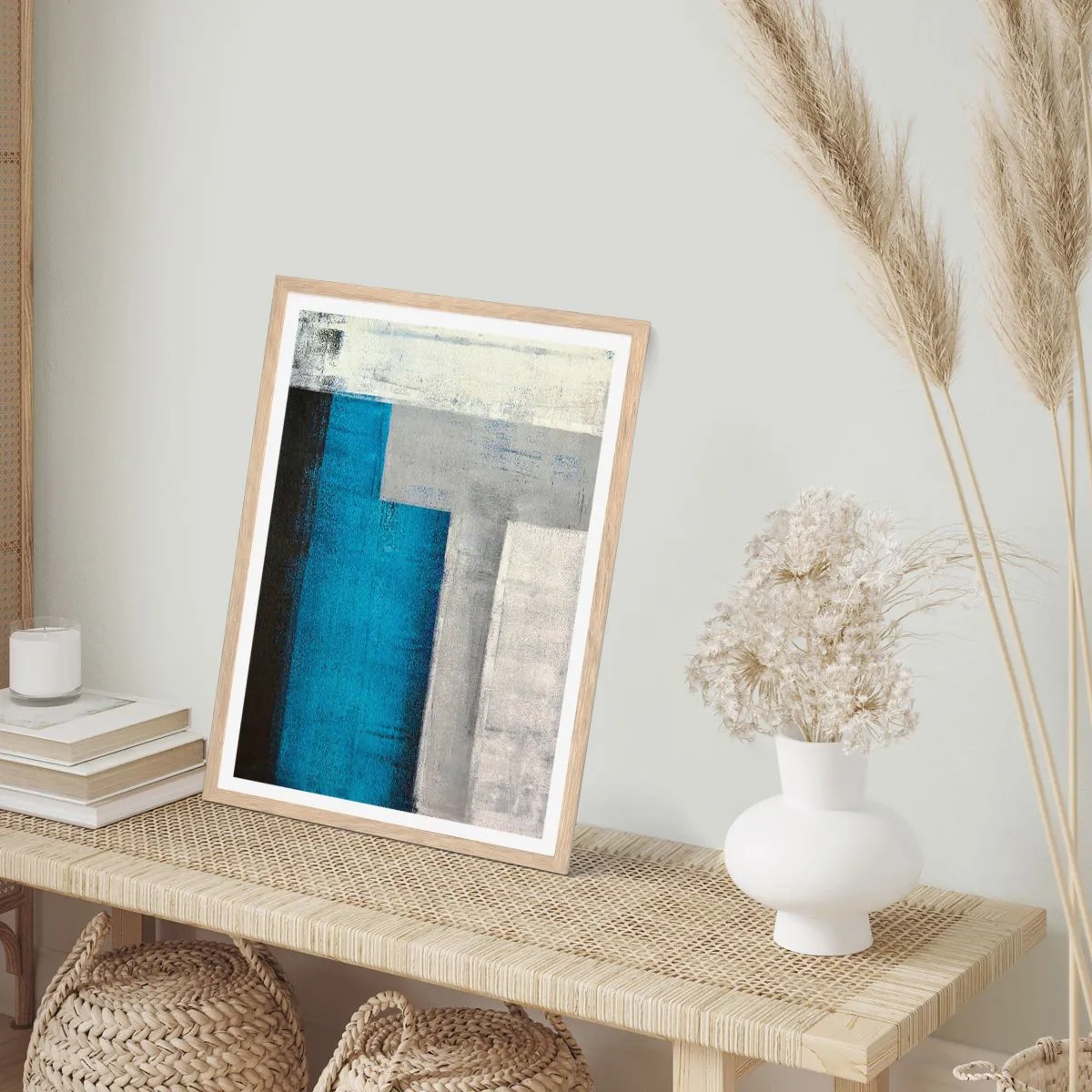 Poster în ramă de stejar deschis - Compoziție poetică de gri și albastru - 30x40 cm