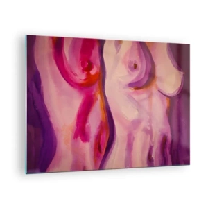 Tablou pe sticlă - O interpretare artistică a siluetelor feminine în nuanțe de roz și violet. - 70x50cm - Oda feminității - Decorațiune modernă pentru perete pentru living și dormitor ARTTOR