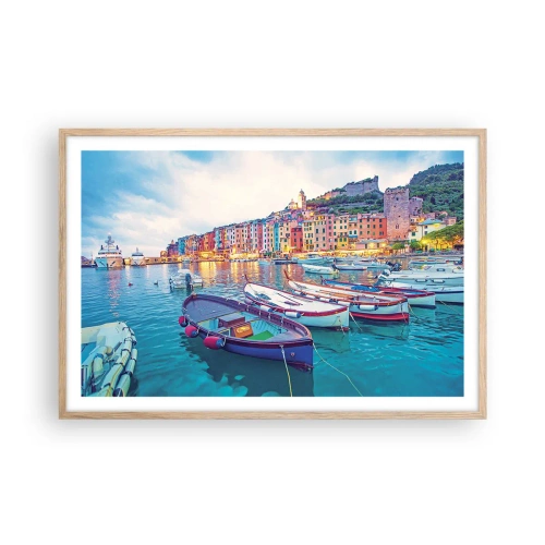 Poster în ramă de stejar deschis - O seară plină de culoare în port - 91x61 cm