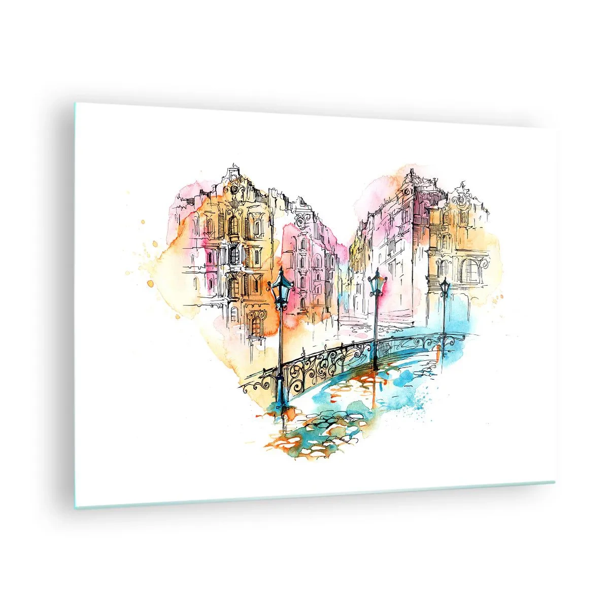 Tablou pe sticlă - Case de locuit romantice cu un pod în formă de inimă, acuarelă - 70x50cm - Inima orașului - Decorațiune modernă pentru perete pentru living și dormitor ARTTOR