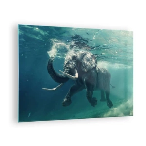 Tablou pe sticlă - Un elefant înotând sub apă în oceanul albastru - 70x50cm - Tuturor le place să înoate - Decorațiune modernă pentru perete pentru living și dormitor ARTTOR