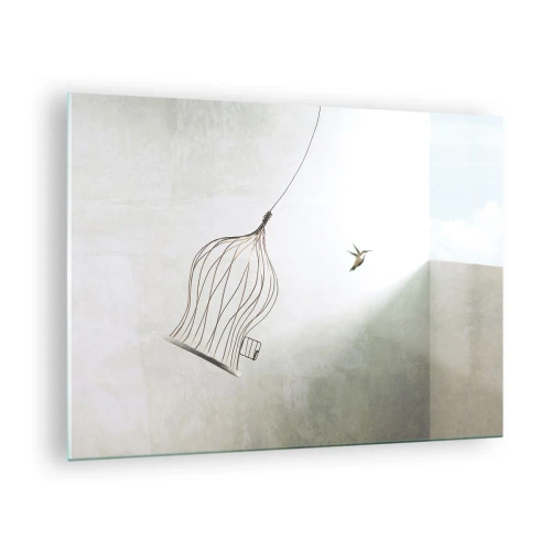 Tablou pe sticlă - O cușcă deschisă și o colibri zboară în lumina zilei - 70x50cm - Eliberat - Decorațiune modernă pentru perete pentru living și dormitor ARTTOR