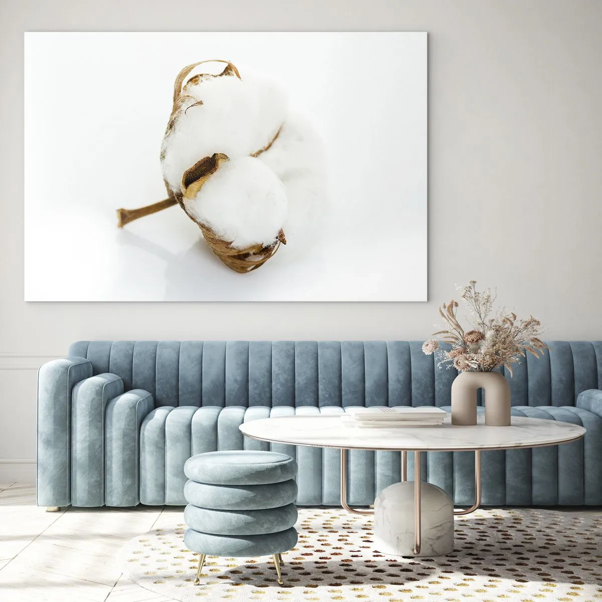 Tablou pe sticlă - O singură floare de bumbac pufoasă pe un fundal alb - 70x50cm - Moale prin natură - Decorațiune modernă pentru perete pentru living și dormitor ARTTOR