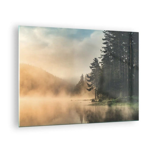 Tablou pe sticlă - O dimineață cețoasă peste un lac de pădure - 70x50cm - Nașterea unei zile - Decorațiune modernă pentru perete pentru living și dormitor ARTTOR